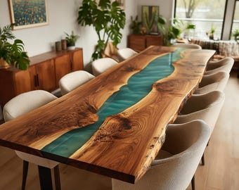 Mesa de comedor artesanal de nogal con resina epoxi y diseño de río. Muebles de madera con borde natural y resina.