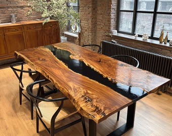 Walnut Epoxy River Dining Table, Rustic Live Edge Wood Furniture