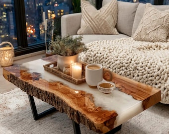 Mesa de centro de nogal hecha a mano con resina epoxi y centro de mesa de madera maciza con borde natural.