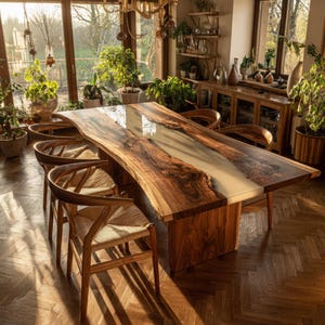 Op de afbeelding: Een grote, handgemaakte houten eettafel met een live edge design en een lichtgekleurde harsrivier. De tafel is omringd door houten stoelen met geweven zittingen. De kamer is gevuld met natuurlijk licht en planten.