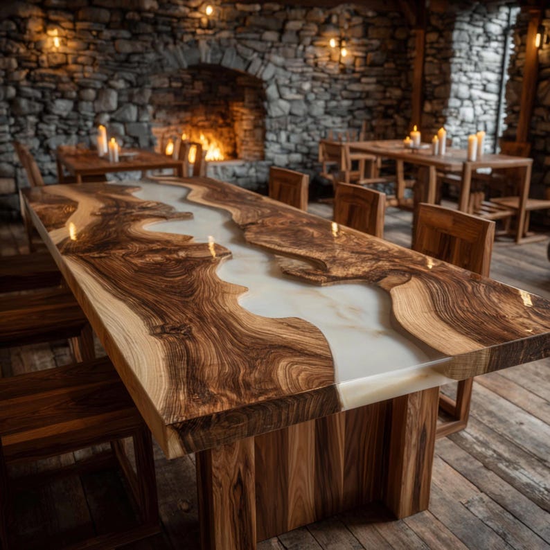May include: A large, handcrafted wooden dining table with a river-like epoxy resin center. The table features a natural wood grain pattern with a light-colored resin. The table is supported by a sturdy wooden base and surrounded by wooden chairs.