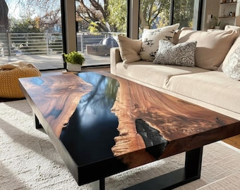 Mesa de centro de resina epoxi de nogal, pieza central moderna con borde natural, muebles personalizados de tablones de madera.