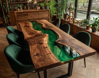 Mesa de comedor de nogal hecha a mano con resina epoxi, madera con borde natural, muebles de resina personalizados.