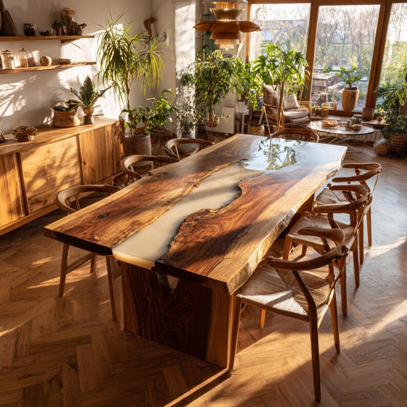 Op de afbeelding: Een grote, handgemaakte houten eettafel met een lichtgekleurde harsrivier in het midden. De tafel is omringd door houten stoelen met geweven zittingen, geplaatst in een zonnige kamer met planten.