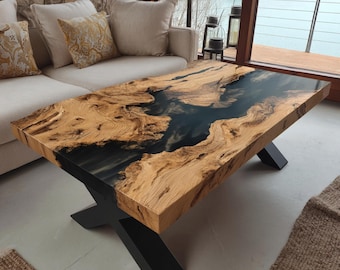 Mesa de centro de nogal hecha a mano con resina epoxi, muebles de madera con borde natural.