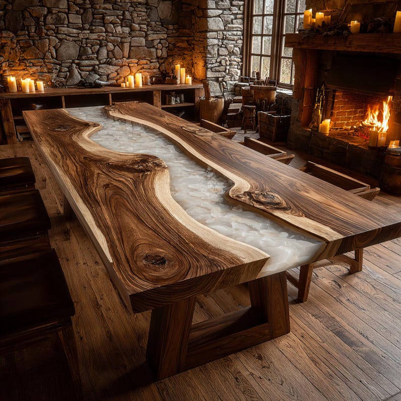 May include: A large, handcrafted wooden dining table with a river of white resin running through the center. The table has a natural wood grain finish and is supported by sturdy wooden legs. The room has a rustic, cozy atmosphere.