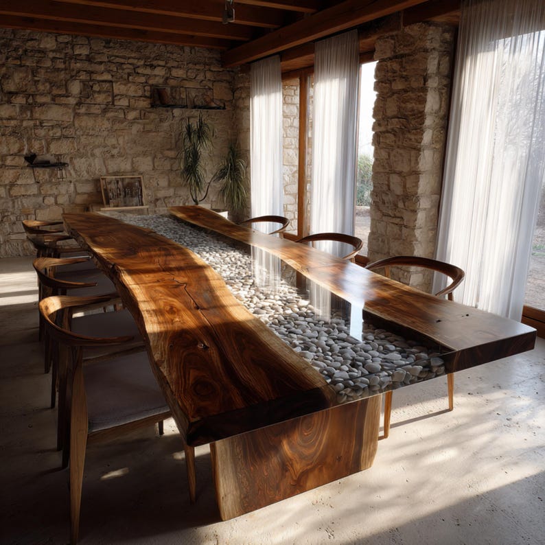 May include: A bespoke dining table with a live edge. The table has a central river of smooth stones set in clear resin. The table is made of dark wood and is surrounded by wooden chairs. The table is approximately 300 cm long.