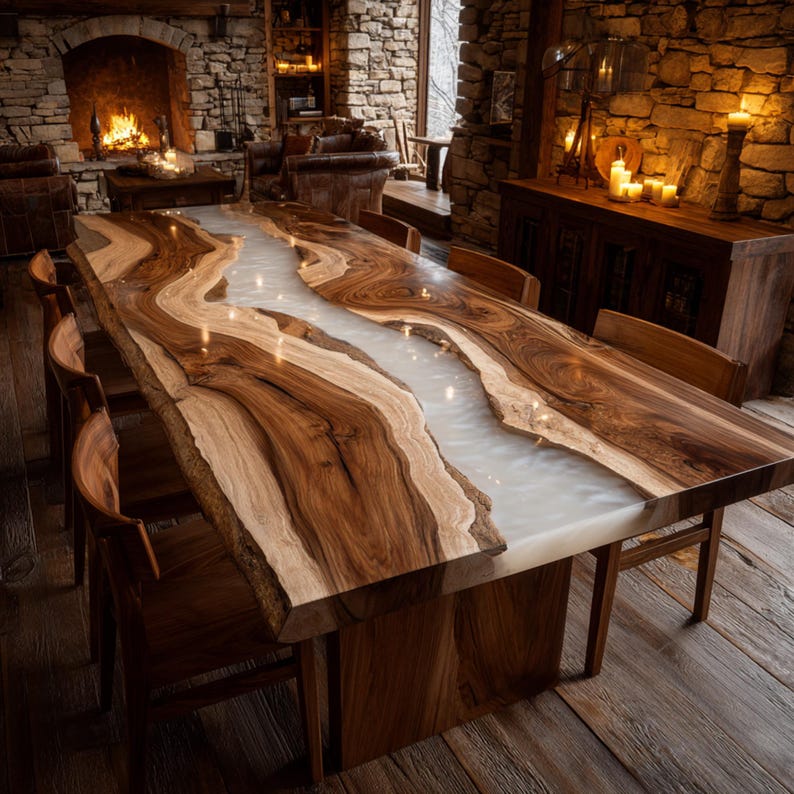 May include: A large, handcrafted wooden dining table with a river-like design. The table features a light-colored epoxy resin center flowing between the natural edges of the wood. The table is approximately 120 inches long and is surrounded by wooden chairs.