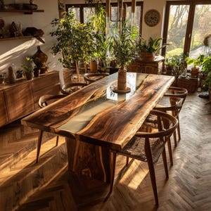 Op de afbeelding: Een grote, handgemaakte houten eettafel met een live edge design en een heldere epoxy rivier. De tafel is omringd door houten stoelen met geweven zittingen. De kamer is gevuld met natuurlijk licht en planten.