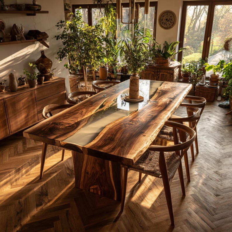 Op de afbeelding: Een grote, handgemaakte houten eettafel met een live edge design en een heldere epoxy rivier. De tafel is omringd door houten stoelen met geweven zittingen. De kamer is gevuld met natuurlijk licht en planten.