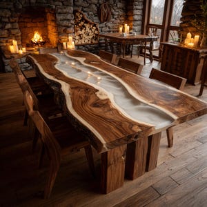 May include: A large, handcrafted wooden dining table with a river of white resin running through the center. The table has a live edge and is surrounded by wooden chairs. The room features a stone fireplace and candles.