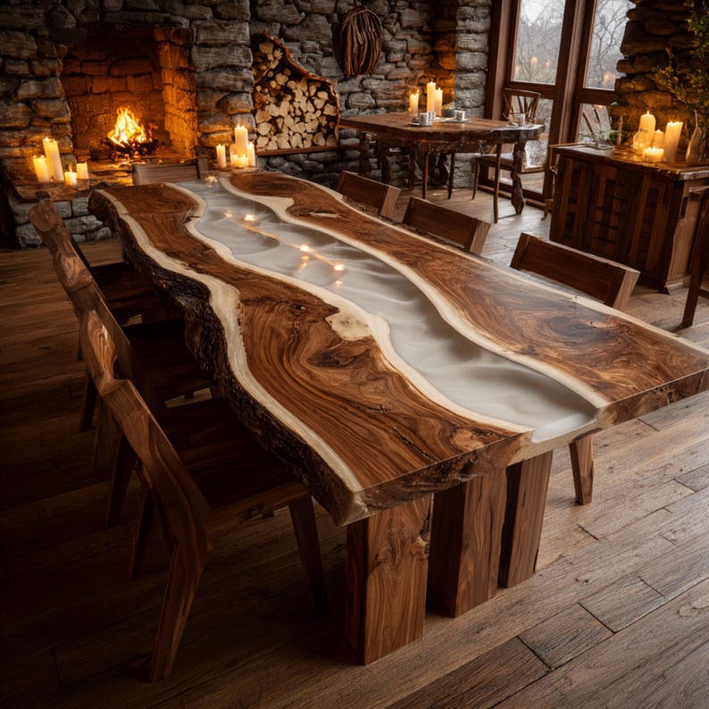 May include: A large, handcrafted wooden dining table with a river of white resin running through the center. The table has a live edge and is surrounded by wooden chairs. The room features a stone fireplace and candles.