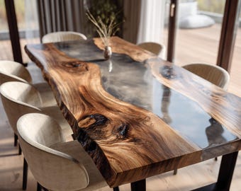 Handcrafted Walnut Epoxy Dining Table, Live Edge Rustic Wood Furniture