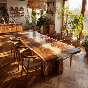 Op de afbeelding: Een grote eettafel van levendig hout met een lichtgekleurd epoxyhars middenstuk. De tafel wordt omringd door verschillende houten stoelen met geweven zittingen. De kamer is licht, met natuurlijk licht en potplanten, wat een warme sfeer cre&euml;ert.