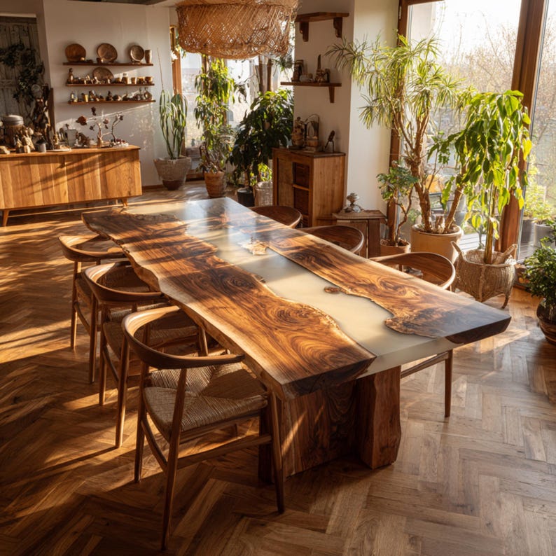 Op de afbeelding: Een grote eettafel van levendig hout met een lichtgekleurd epoxyhars middenstuk. De tafel wordt omringd door verschillende houten stoelen met geweven zittingen. De kamer is licht, met natuurlijk licht en potplanten, wat een warme sfeer cre&euml;ert.