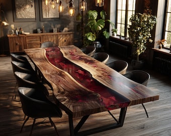 Mesa de comedor de nogal hecha a mano con resina epoxi, madera rústica con borde natural, muebles de resina personalizados.