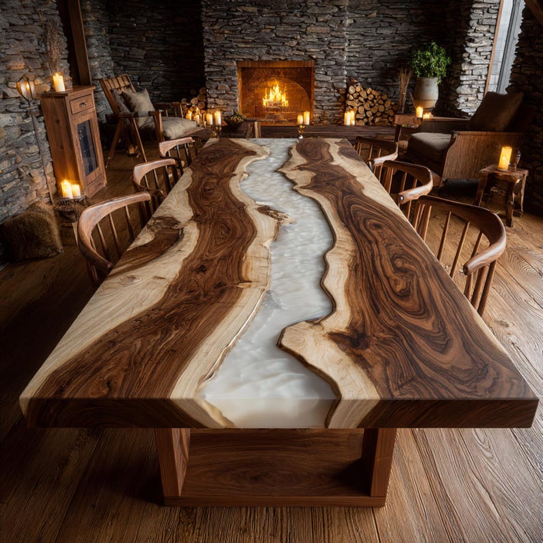 May include: A large, handcrafted wooden dining table with a unique design. The table features a river of white resin flowing through the center, framed by rich, dark brown wood. The table is supported by a sturdy wooden base, creating a striking centerpiece.