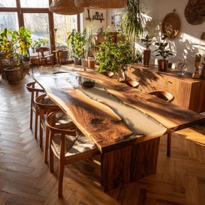 Op de afbeelding: Een grote, handgemaakte houten eettafel met een live edge design. De tafel heeft een lichtgekleurde epoxy rivier die door het midden loopt en is omringd door houten stoelen. De kamer is gevuld met natuurlijk licht en planten.