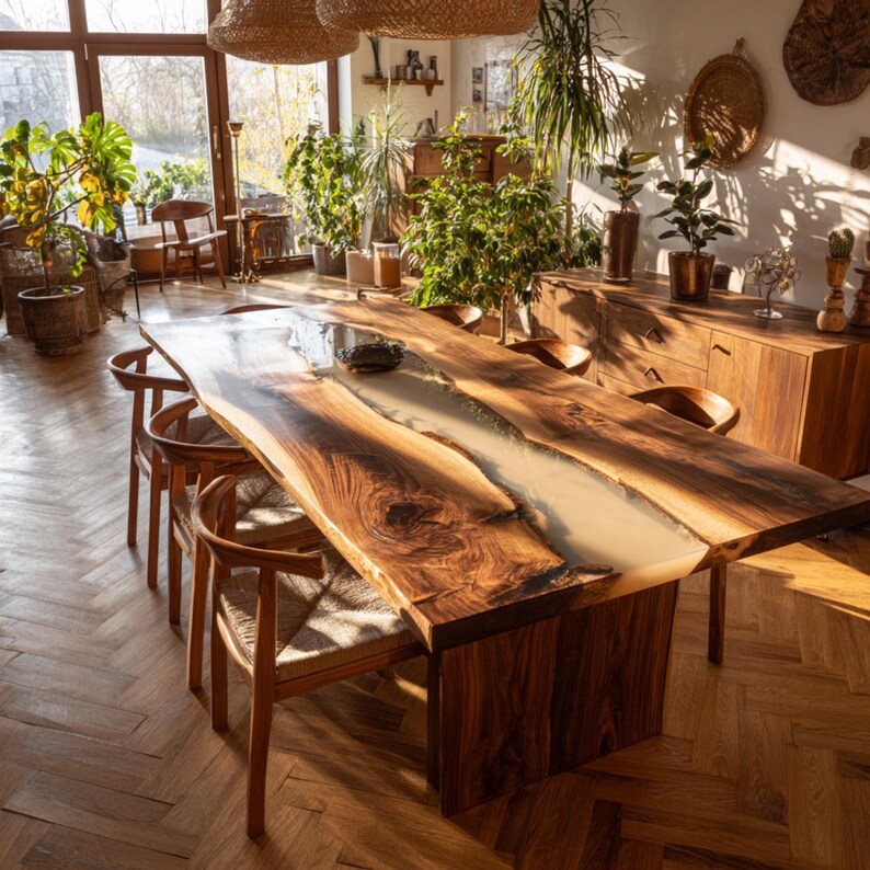 Op de afbeelding: Een grote, handgemaakte houten eettafel met een live edge design. De tafel heeft een lichtgekleurde epoxy rivier die door het midden loopt en is omringd door houten stoelen. De kamer is gevuld met natuurlijk licht en planten.
