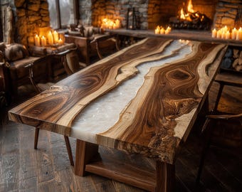 Mesa de comedor personalizada de nogal con resina epoxi y borde natural.