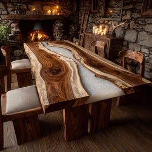 May include: A handcrafted wooden dining table with a river of white resin running through the center. The table is made of dark brown wood with natural edges and sits on a matching wooden base. Two wooden chairs with upholstered seats are visible.