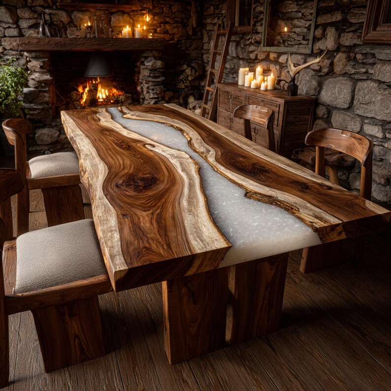 May include: A handcrafted wooden dining table with a river of white resin running through the center. The table is made of dark brown wood with natural edges and sits on a matching wooden base. Two wooden chairs with upholstered seats are visible.