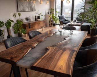 Mesa de comedor de nogal hecha a mano con resina epoxi, madera con borde natural, muebles artesanales personalizados.