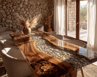 Walnut Epoxy River Table, Live Edge Dining Table, Handmade Wood Resin Furniture