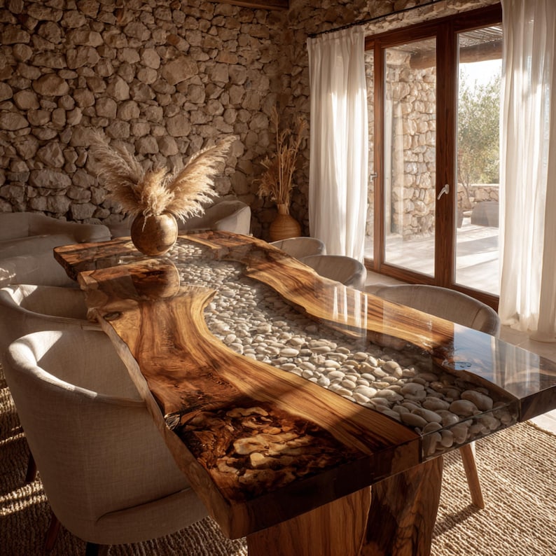 May include: A bespoke wooden dining table featuring a central river of smooth stones set in clear resin. The table has a natural wood grain finish and a wooden base. The table is surrounded by neutral-toned chairs. The table measures approximately 200 cm in length.