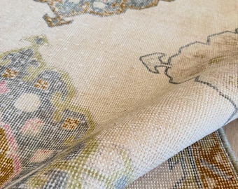 Alfombra de pasillo vintage anudada a mano, alfombra de pasillo con medallón antiguo, alfombra turca azul beige.