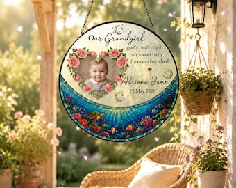 Personalized stained glass suncatcher with photo and text, custom window hanging gift for mom or grandma