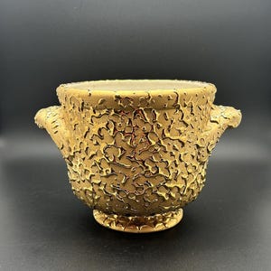 May include: A metallic gold planter with a textured, molten-like surface finish. The vessel features a wide, circular opening, a flared rim, two small side handles, and a pedestal base. The interior of the planter is a smooth, off-white color.