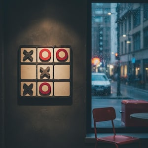 May include: A square wooden tic-tac-toe game board mounted on a dark wall. The board features a grid with light wood squares and a black frame. It contains three red circular O pieces and three dark gray X pieces arranged in a game pattern.