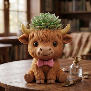May include: A brown Highland cow planter with a light green succulent plant on top. The cow has a pink bow tie and large, dark eyes. The planter is sitting on a wooden table.