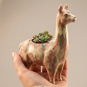 Può includere: Un vaso in ceramica a forma di lama con una smaltatura marmorizzata nei toni del crema, marrone e blu. Il dorso cavo del lama contiene una piccola pianta succulenta verde. La scultura presenta un lungo collo, orecchie a punta e quattro zampe.