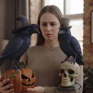 May include: Two black raven figurines. The left raven wears a purple witch hat and stands on an orange jack-o'-lantern. The right raven wears a grey top hat and stands on a beige human skull. Both birds have detailed feathers and dark beaks.