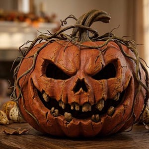 May include: A carved orange pumpkin with a weathered, textured surface and a menacing facial expression featuring deep-set eyes, a jagged nose, and prominent, uneven teeth. The pumpkin is adorned with thin, tangled brown vines around the top.