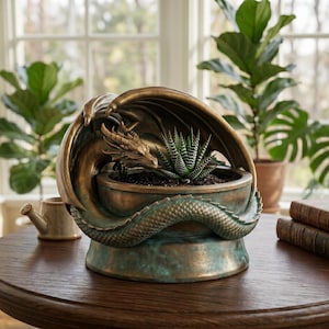 May include: A bronze dragon planter with a succulent plant. The dragon has outstretched wings and a detailed head. The planter is on a round wooden table, with plants in the background. The dragon's body forms the base of the planter.