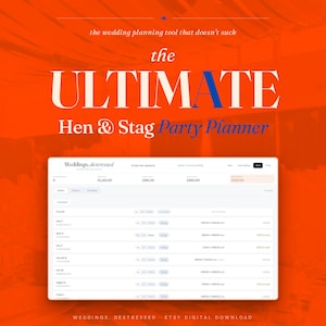 Puede incluir: Un fondo naranja con el texto "the ULTIMATE Hen & Stag Party Planner". Se muestra una interfaz de planificador digital que muestra una lista de nombres y detalles financieros. También se ve el texto "Weddings, destressed".
