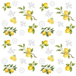 May include: A repeating pattern featuring vibrant yellow lemons with green leaves and white blossoms, interspersed with gray line-art sketches of lemon branches and circular lemon slice outlines on a clean white background.