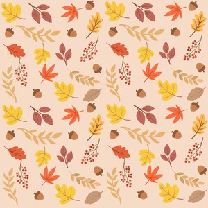 May include: A repeating pattern on a light peach background featuring autumn elements including yellow oak leaves, orange maple leaves, brown acorns, small red berry clusters, and light tan leafy branches arranged in a balanced, decorative layout.