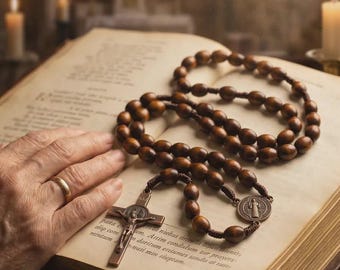 Desert Monk Rosary, Brown Wooden Beads, St. Benedict Copper Crucifix, Paracord Prayer Beads