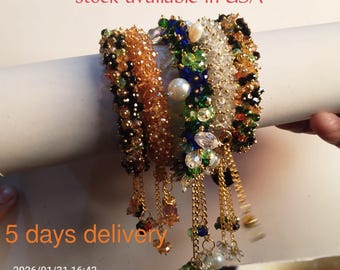 Handmade Multi Crystal Beaded Bracelet Bangle with Tassel Chain – Sparkling Fash