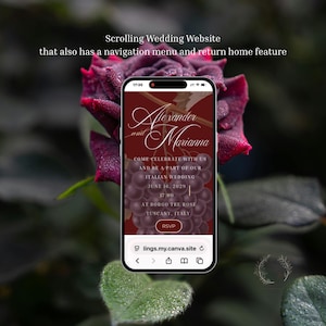 May include: A smartphone displaying a wedding website with a deep red background featuring a grape cluster graphic. The text reads Alexander and Marianna, Come celebrate with us and be a part of our Italian wedding, June 16, 2029, 17:00, Borgo Tre Rose.
