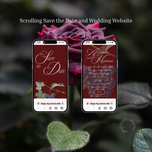 Könnte beinhalten: Zwei Smartphones zeigen eine digitale Hochzeits-Einladungs-Website mit dunkelrotem Hintergrund, Trauben-Illustrationen und weißem Schreibschrift-Text mit Save the Date, Alexander and Marianna sowie Details für den 16. Juni 2029 in der Toskana.