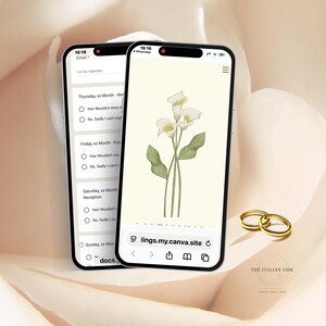May include: Two smartphones displaying a digital RSVP form with a calla lily illustration. The screen shows text including "Thursday, xx Month", "Friday, xx Month", and "Saturday, xx Month". The browser address bar displays "listings.my.canva.site".