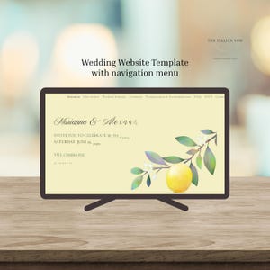 May include: A digital wedding website template displayed on a screen with a pale yellow background. The design features a lemon branch illustration, a navigation menu, and text reading Marianna & Alex, invite you to celebrate with, June 16, 2029.