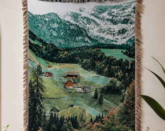 アルプスの風景を描いたスローブランケット、山のタペストリーの壁掛け、織物で描かれた風景ブランケット、素朴なキャビンの装飾、コテージコア風のホームデコレーション