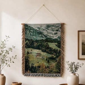Mountain tapestry wall hanging, woven natural wall decoration, rural bohemian home decoration, high mountain forest textile art