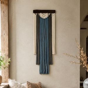 Blue Gray Macrame Wall Hanging, Narrow Vertical Cotton Fiber Art, Nordic Boho Wall Tapestry, Bedroom Entryway Living Room Decor 15.7x47.2 in